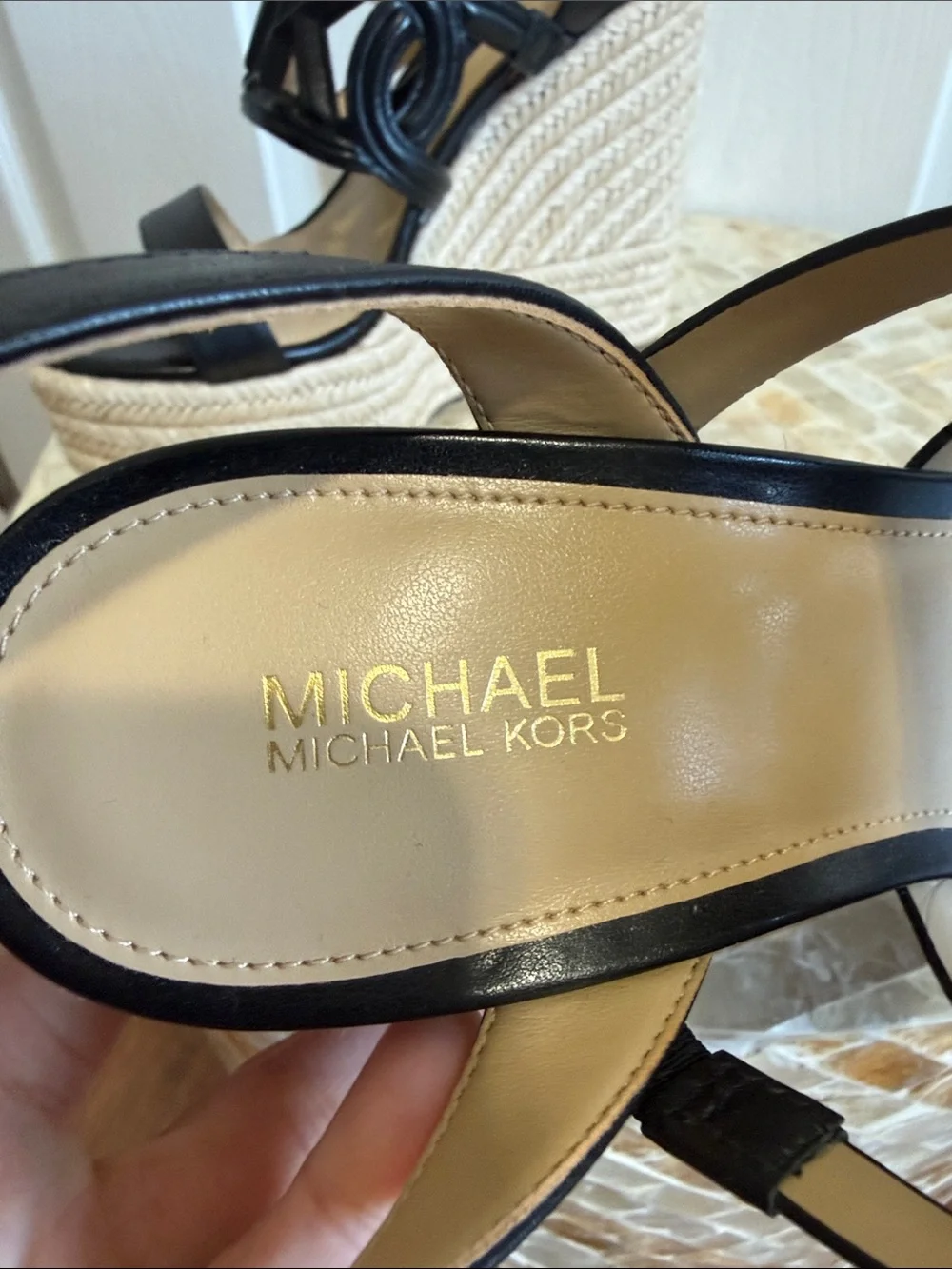 Black Leather Espadrille Wedge Sandals by Michael kors